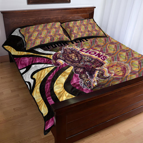 Personalised Brisbane Lions Quilt Bed Set Trippy Psychedelic Abstract Art Mascot Football Fans