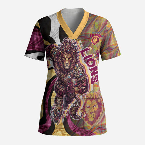 Personalised Brisbane Lions Scrub Top Trippy Psychedelic Abstract Art Mascot Football Fans