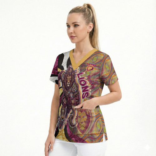 Personalised Brisbane Lions Scrub Top Trippy Psychedelic Abstract Art Mascot Football Fans