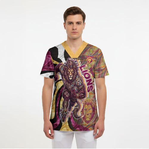 Personalised Brisbane Lions Scrub Top Trippy Psychedelic Abstract Art Mascot Football Fans