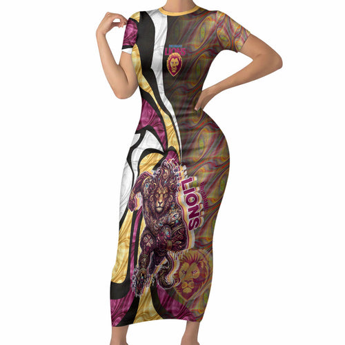 Personalised Brisbane Lions Short Sleeve Bodycon Dress Trippy Psychedelic Abstract Art Mascot Football Fans