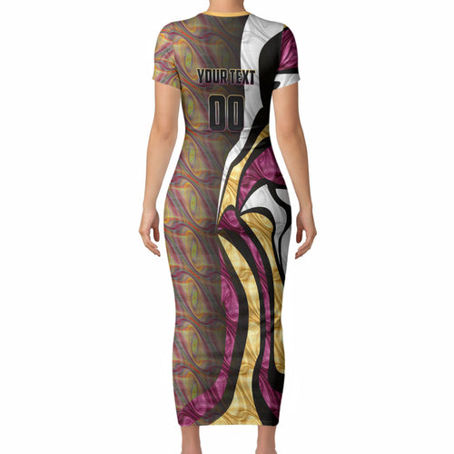 Personalised Brisbane Lions Short Sleeve Bodycon Dress Trippy Psychedelic Abstract Art Mascot Football Fans