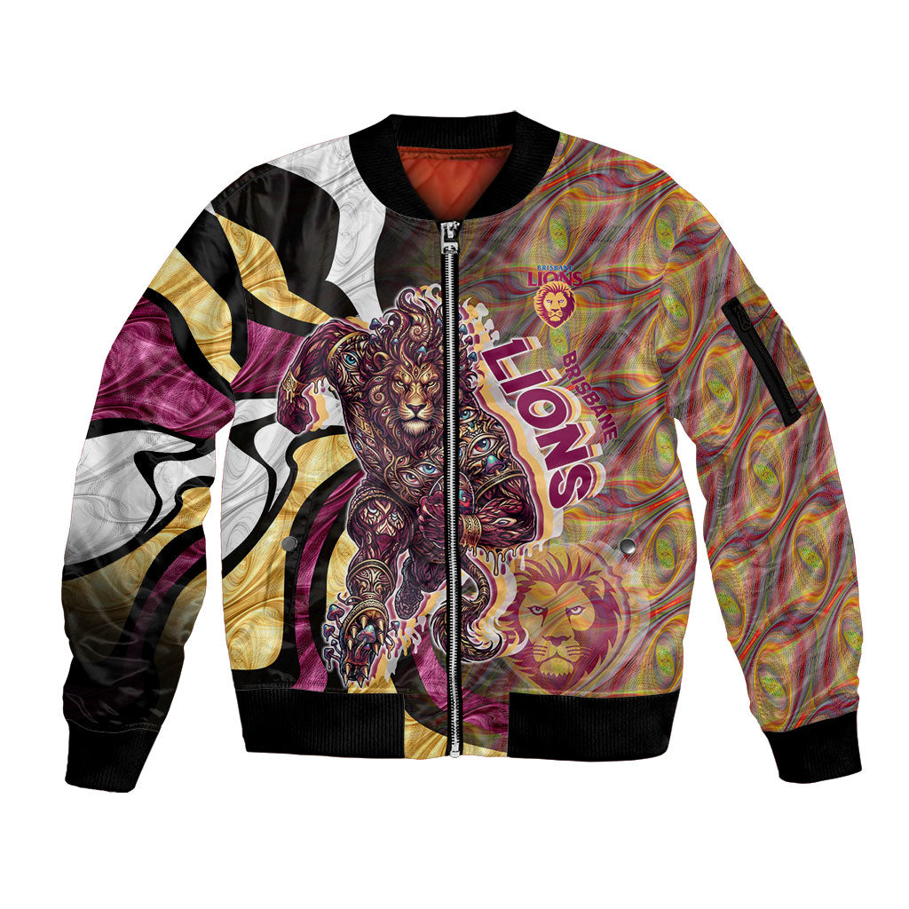 Personalised Brisbane Lions Sleeve Zip Bomber Jacket Trippy Psychedelic Abstract Art Mascot Football Fans