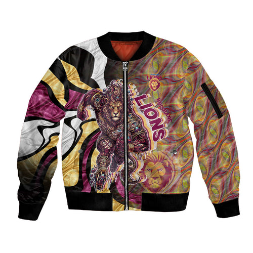Personalised Brisbane Lions Sleeve Zip Bomber Jacket Trippy Psychedelic Abstract Art Mascot Football Fans
