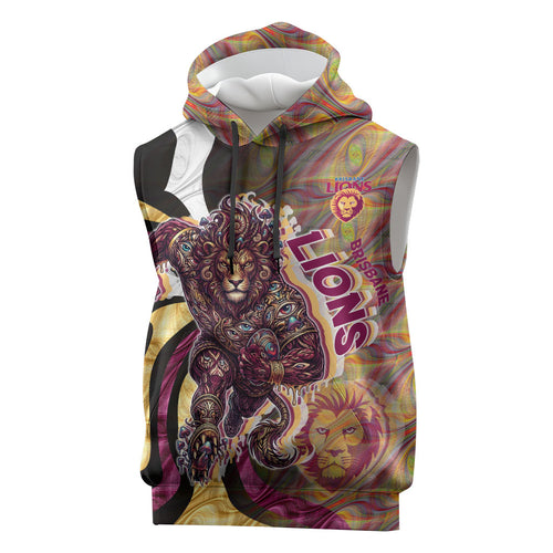 Personalised Brisbane Lions Sleeveless Hoodie Trippy Psychedelic Abstract Art Mascot Football Fans