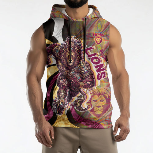 Personalised Brisbane Lions Sleeveless Hoodie Trippy Psychedelic Abstract Art Mascot Football Fans