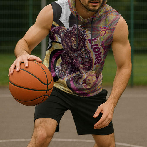 Personalised Brisbane Lions Sleeveless Hoodie Trippy Psychedelic Abstract Art Mascot Football Fans
