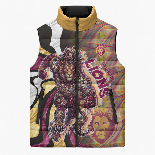 Personalised Brisbane Lions Sleeveless Puffer Jacket Trippy Psychedelic Abstract Art Mascot Football Fans