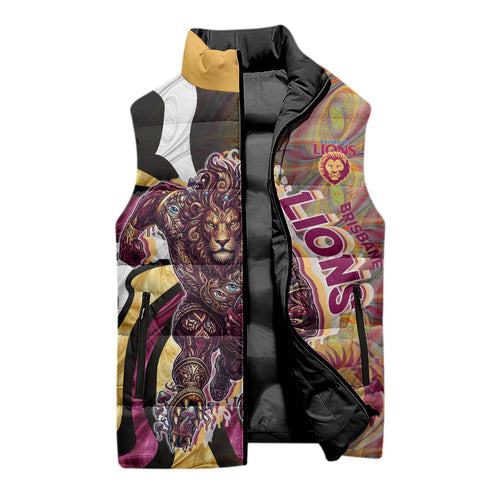 Personalised Brisbane Lions Sleeveless Puffer Jacket Trippy Psychedelic Abstract Art Mascot Football Fans
