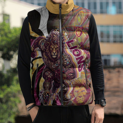 Personalised Brisbane Lions Sleeveless Puffer Jacket Trippy Psychedelic Abstract Art Mascot Football Fans