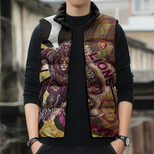 Personalised Brisbane Lions Sleeveless Puffer Jacket Trippy Psychedelic Abstract Art Mascot Football Fans