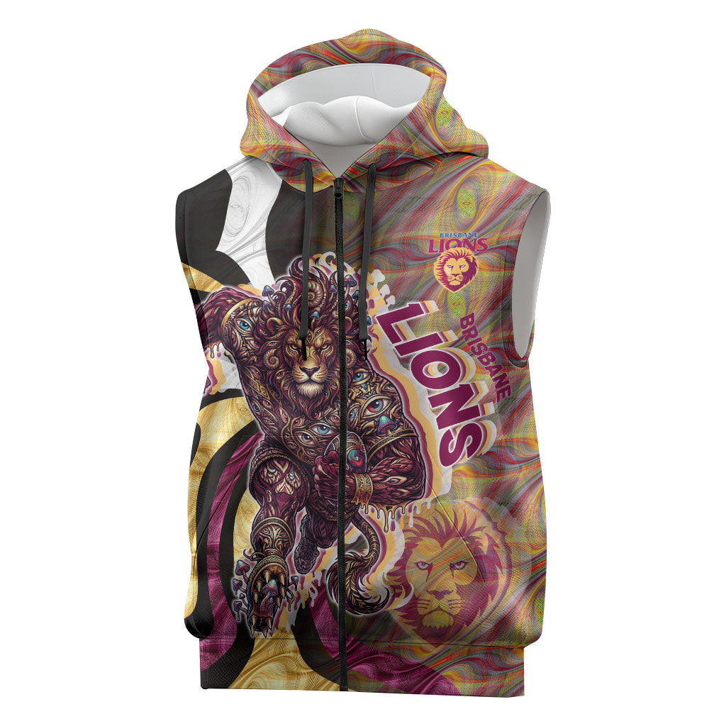 Personalised Brisbane Lions Sleeveless Zip Hoodie Trippy Psychedelic Abstract Art Mascot Football Fans