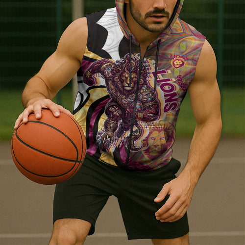 Personalised Brisbane Lions Sleeveless Zip Hoodie Trippy Psychedelic Abstract Art Mascot Football Fans