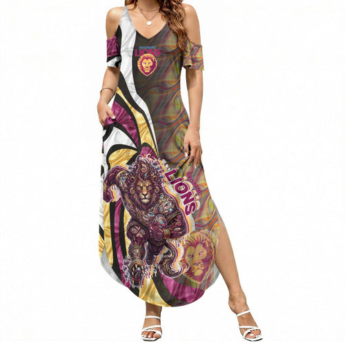 Personalised Brisbane Lions Summer Maxi Dress Trippy Psychedelic Abstract Art Mascot Football Fans