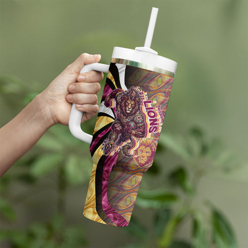 Personalised Brisbane Lions Tumbler With Handle Trippy Psychedelic Abstract Art Mascot Football Fans