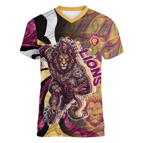 Personalised Brisbane Lions Women V-Neck T-Shirt Trippy Psychedelic Abstract Art Mascot Football Fans