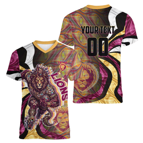 Personalised Brisbane Lions Women V-Neck T-Shirt Trippy Psychedelic Abstract Art Mascot Football Fans