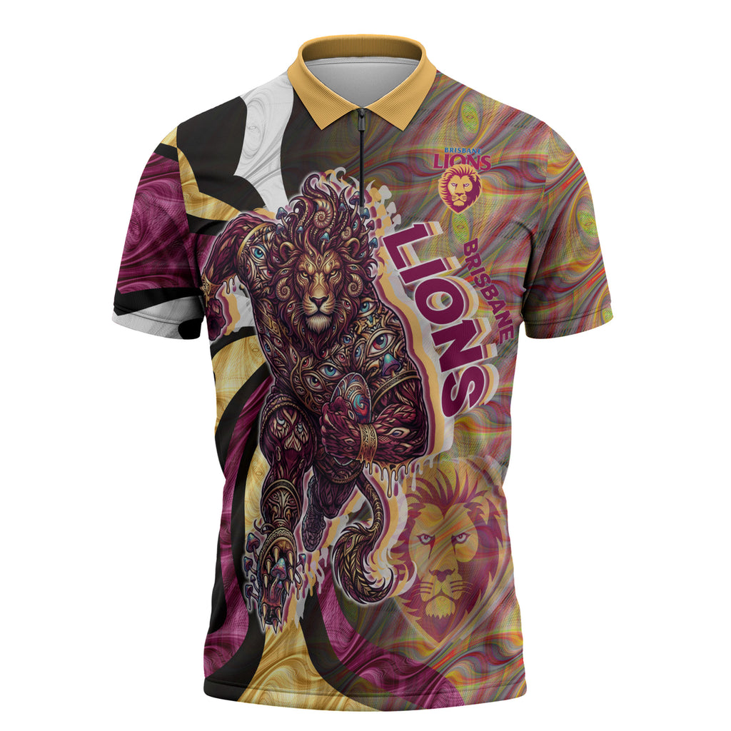 Personalised Brisbane Lions Zipper Polo Shirt Trippy Psychedelic Abstract Art Mascot Football Fans