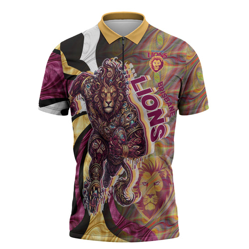 Personalised Brisbane Lions Zipper Polo Shirt Trippy Psychedelic Abstract Art Mascot Football Fans