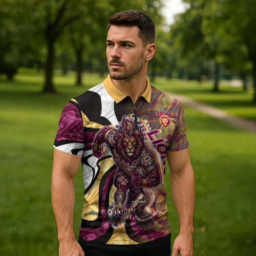 Personalised Brisbane Lions Zipper Polo Shirt Trippy Psychedelic Abstract Art Mascot Football Fans
