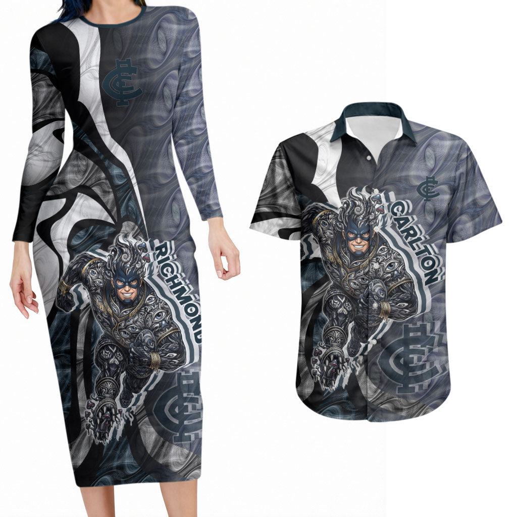 Personalised Carlton Couples Matching Long Sleeve Bodycon Dress and Hawaiian Shirt Trippy Psychedelic Abstract Art Mascot Football Fans