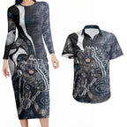 Personalised Carlton Couples Matching Long Sleeve Bodycon Dress and Hawaiian Shirt Trippy Psychedelic Abstract Art Mascot Football Fans