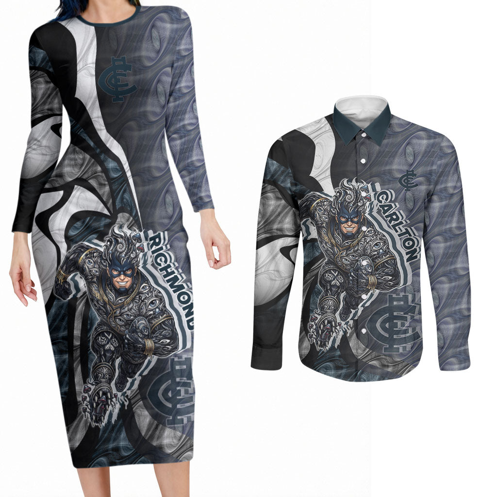 Personalised Carlton Couples Matching Long Sleeve Bodycon Dress and Long Sleeve Button Shirt Trippy Psychedelic Abstract Art Mascot Football Fans