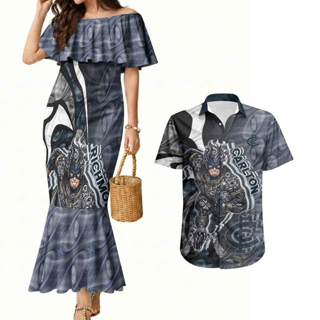 Personalised Carlton Couples Matching Mermaid Dress and Hawaiian Shirt Trippy Psychedelic Abstract Art Mascot Football Fans