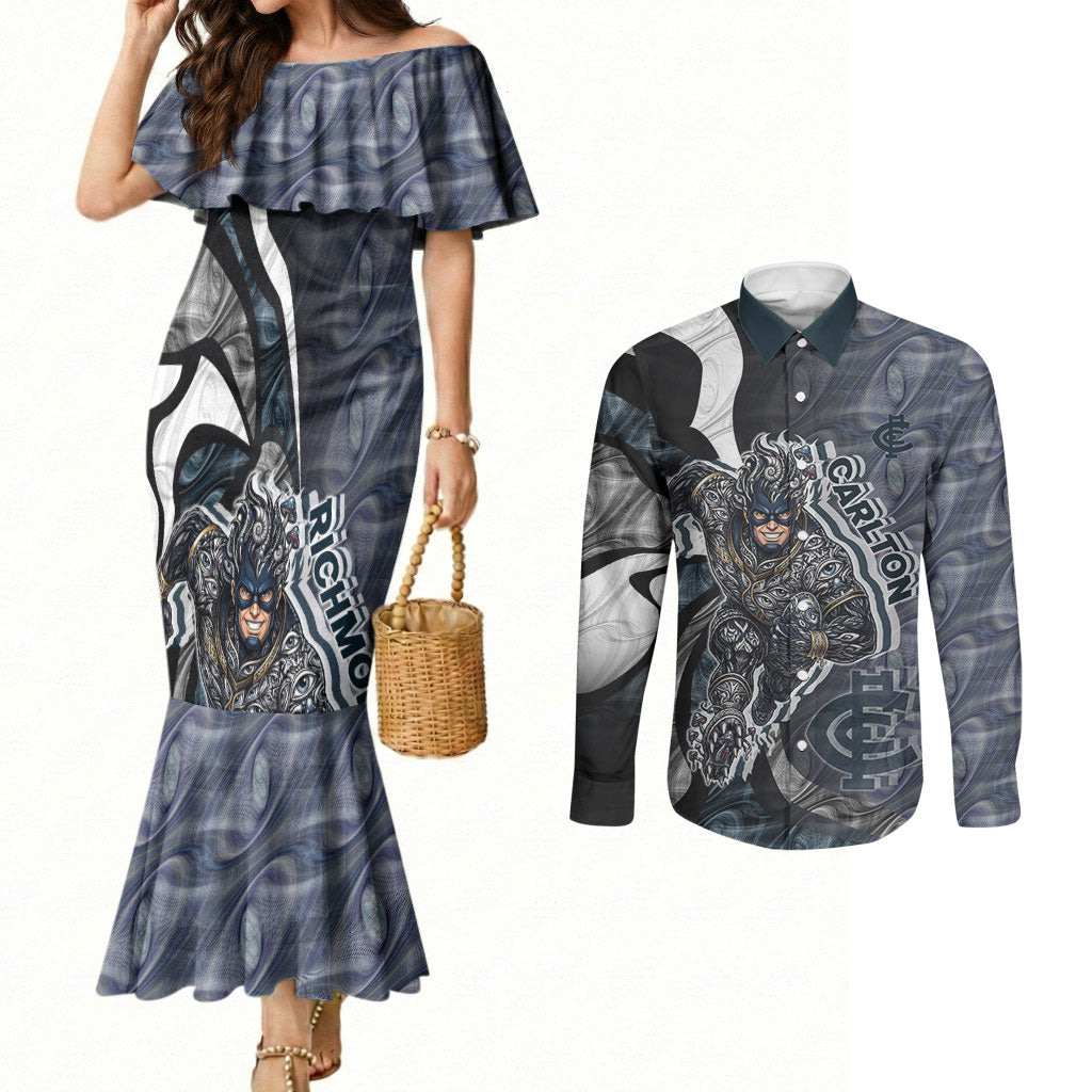 Personalised Carlton Couples Matching Mermaid Dress and Long Sleeve Button Shirt Trippy Psychedelic Abstract Art Mascot Football Fans