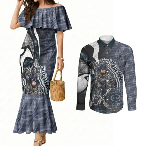 Personalised Carlton Couples Matching Mermaid Dress and Long Sleeve Button Shirt Trippy Psychedelic Abstract Art Mascot Football Fans