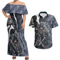 Personalised Carlton Couples Matching Off Shoulder Maxi Dress and Hawaiian Shirt Trippy Psychedelic Abstract Art Mascot Football Fans