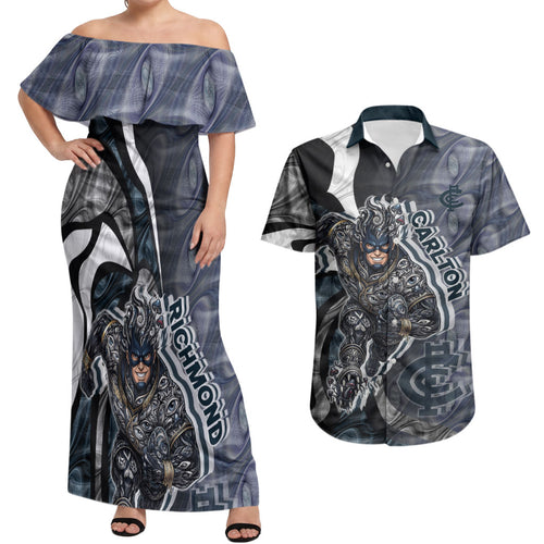 Personalised Carlton Couples Matching Off Shoulder Maxi Dress and Hawaiian Shirt Trippy Psychedelic Abstract Art Mascot Football Fans