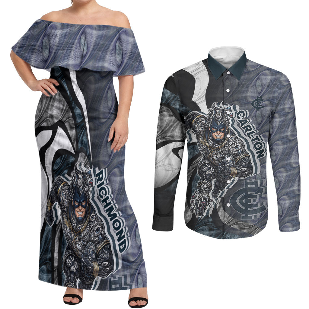 Personalised Carlton Couples Matching Off Shoulder Maxi Dress and Long Sleeve Button Shirt Trippy Psychedelic Abstract Art Mascot Football Fans