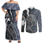 Personalised Carlton Couples Matching Off Shoulder Maxi Dress and Long Sleeve Button Shirt Trippy Psychedelic Abstract Art Mascot Football Fans