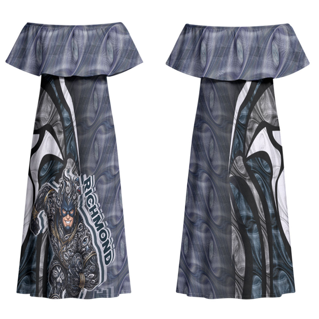 Personalised Carlton Couples Matching Off Shoulder Maxi Dress and Long Sleeve Button Shirt Trippy Psychedelic Abstract Art Mascot Football Fans