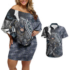 Personalised Carlton Couples Matching Off Shoulder Short Dress and Hawaiian Shirt Trippy Psychedelic Abstract Art Mascot Football Fans