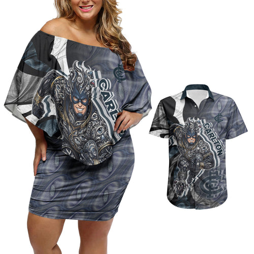 Personalised Carlton Couples Matching Off Shoulder Short Dress and Hawaiian Shirt Trippy Psychedelic Abstract Art Mascot Football Fans