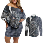 Personalised Carlton Couples Matching Off Shoulder Short Dress and Long Sleeve Button Shirt Trippy Psychedelic Abstract Art Mascot Football Fans