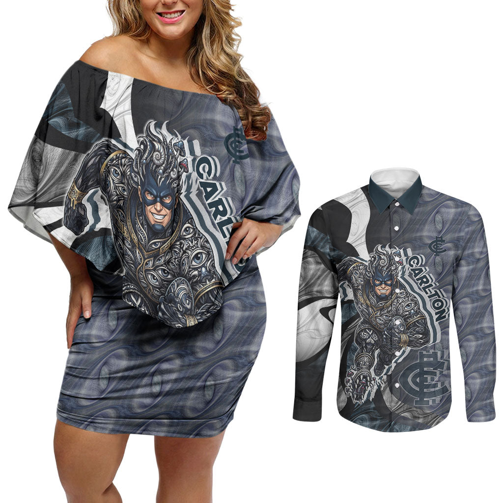 Personalised Carlton Couples Matching Off Shoulder Short Dress and Long Sleeve Button Shirt Trippy Psychedelic Abstract Art Mascot Football Fans