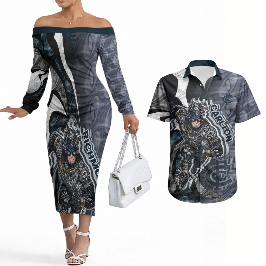 Personalised Carlton Couples Matching Off The Shoulder Long Sleeve Dress and Hawaiian Shirt Trippy Psychedelic Abstract Art Mascot Football Fans
