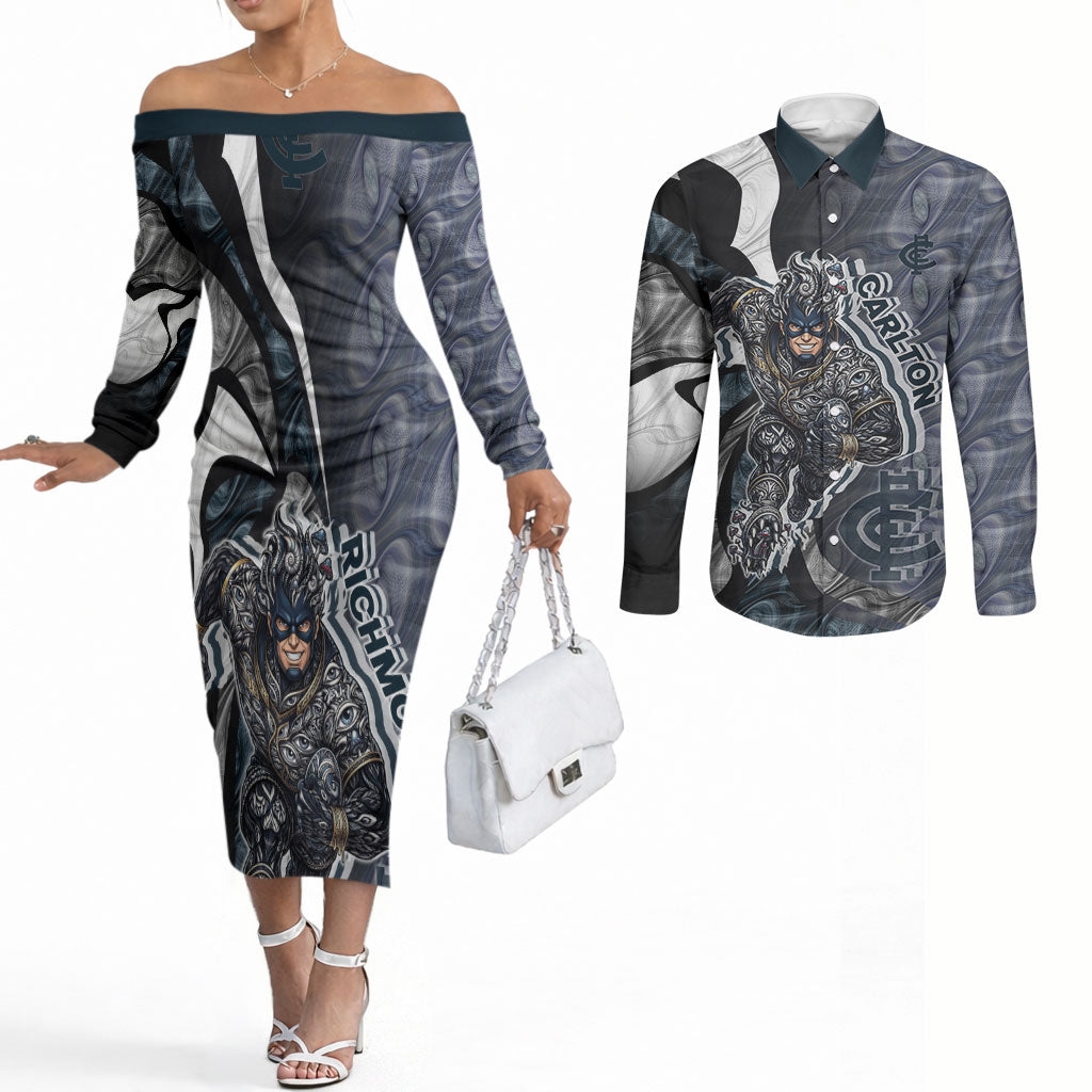 Personalised Carlton Couples Matching Off The Shoulder Long Sleeve Dress and Long Sleeve Button Shirt Trippy Psychedelic Abstract Art Mascot Football Fans