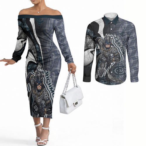 Personalised Carlton Couples Matching Off The Shoulder Long Sleeve Dress and Long Sleeve Button Shirt Trippy Psychedelic Abstract Art Mascot Football Fans