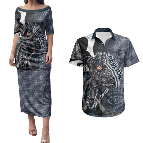 Personalised Carlton Couples Matching Puletasi and Hawaiian Shirt Trippy Psychedelic Abstract Art Mascot Football Fans