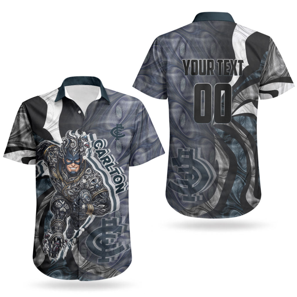 Personalised Carlton Couples Matching Puletasi and Hawaiian Shirt Trippy Psychedelic Abstract Art Mascot Football Fans
