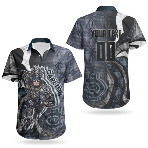 Personalised Carlton Couples Matching Puletasi and Hawaiian Shirt Trippy Psychedelic Abstract Art Mascot Football Fans