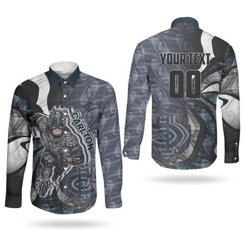 Personalised Carlton Couples Matching Puletasi and Long Sleeve Button Shirt Trippy Psychedelic Abstract Art Mascot Football Fans