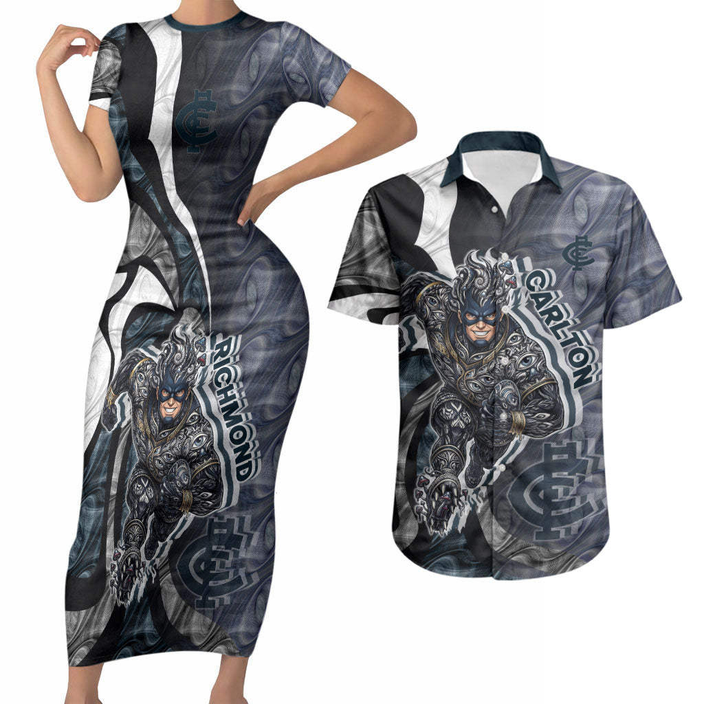 Personalised Carlton Couples Matching Short Sleeve Bodycon Dress and Hawaiian Shirt Trippy Psychedelic Abstract Art Mascot Football Fans