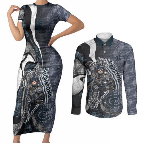 Personalised Carlton Couples Matching Short Sleeve Bodycon Dress and Long Sleeve Button Shirt Trippy Psychedelic Abstract Art Mascot Football Fans