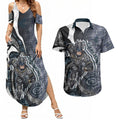 Personalised Carlton Couples Matching Summer Maxi Dress and Hawaiian Shirt Trippy Psychedelic Abstract Art Mascot Football Fans