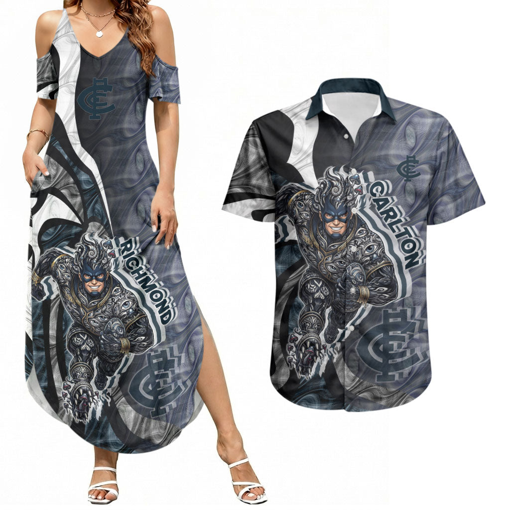 Personalised Carlton Couples Matching Summer Maxi Dress and Hawaiian Shirt Trippy Psychedelic Abstract Art Mascot Football Fans